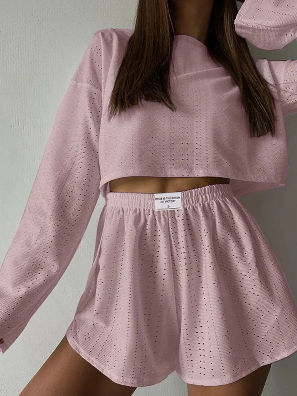 Eyelet Round Neck Top and Shorts Set - ShalayeFashion