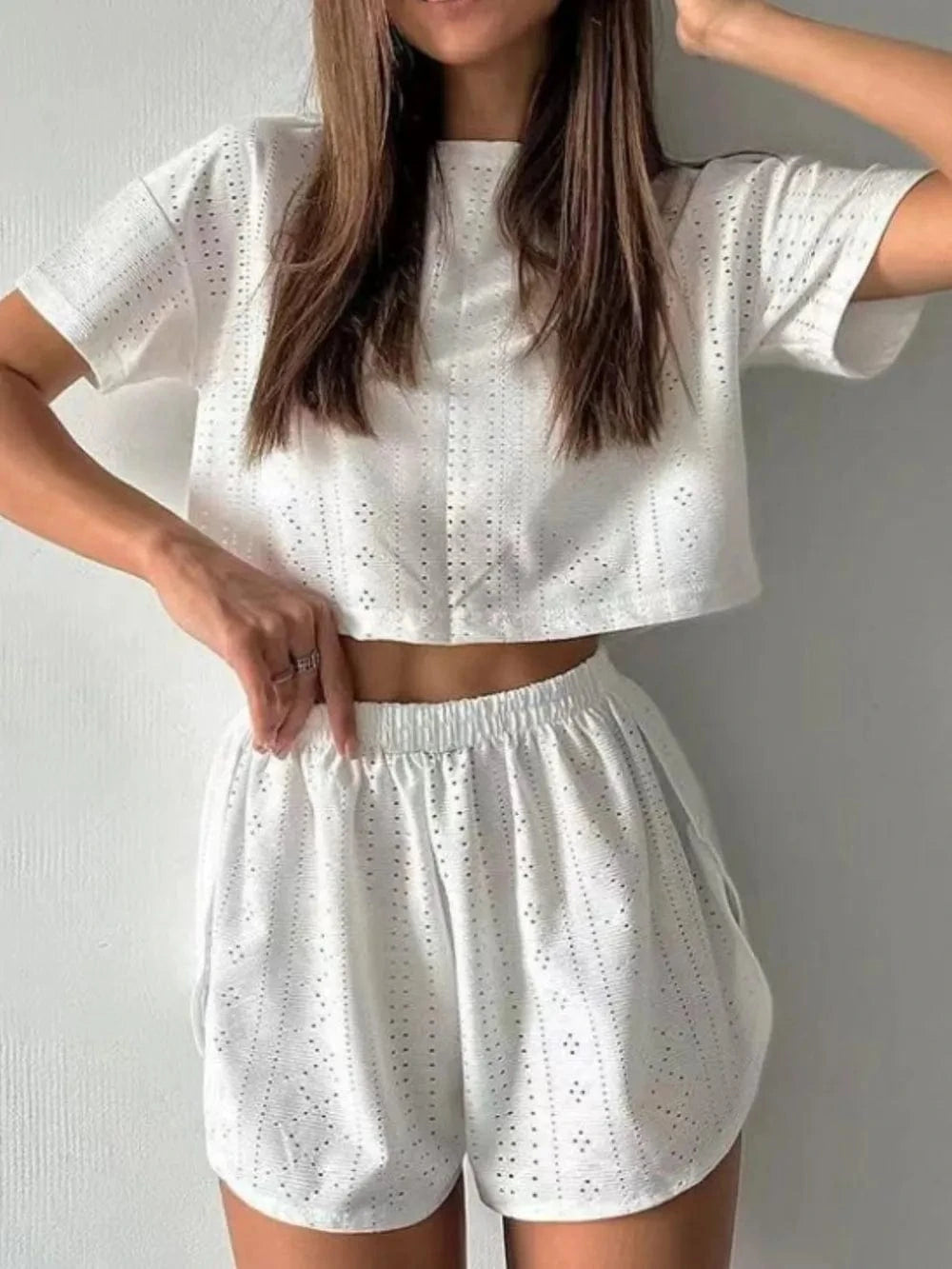 Eyelet Round Neck Top and Shorts Set - ShalayeFashion