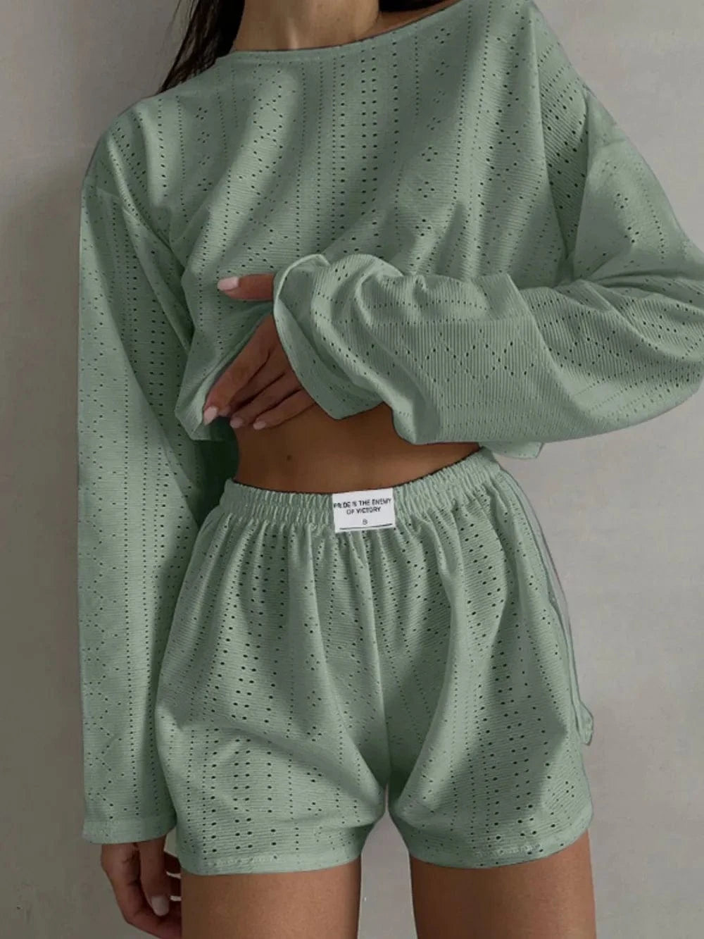 Eyelet Round Neck Top and Shorts Set - ShalayeFashion