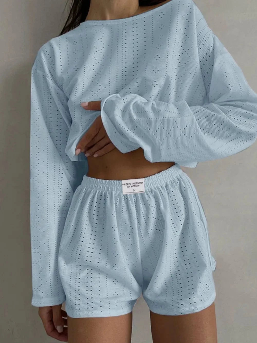Eyelet Round Neck Top and Shorts Set - ShalayeFashion