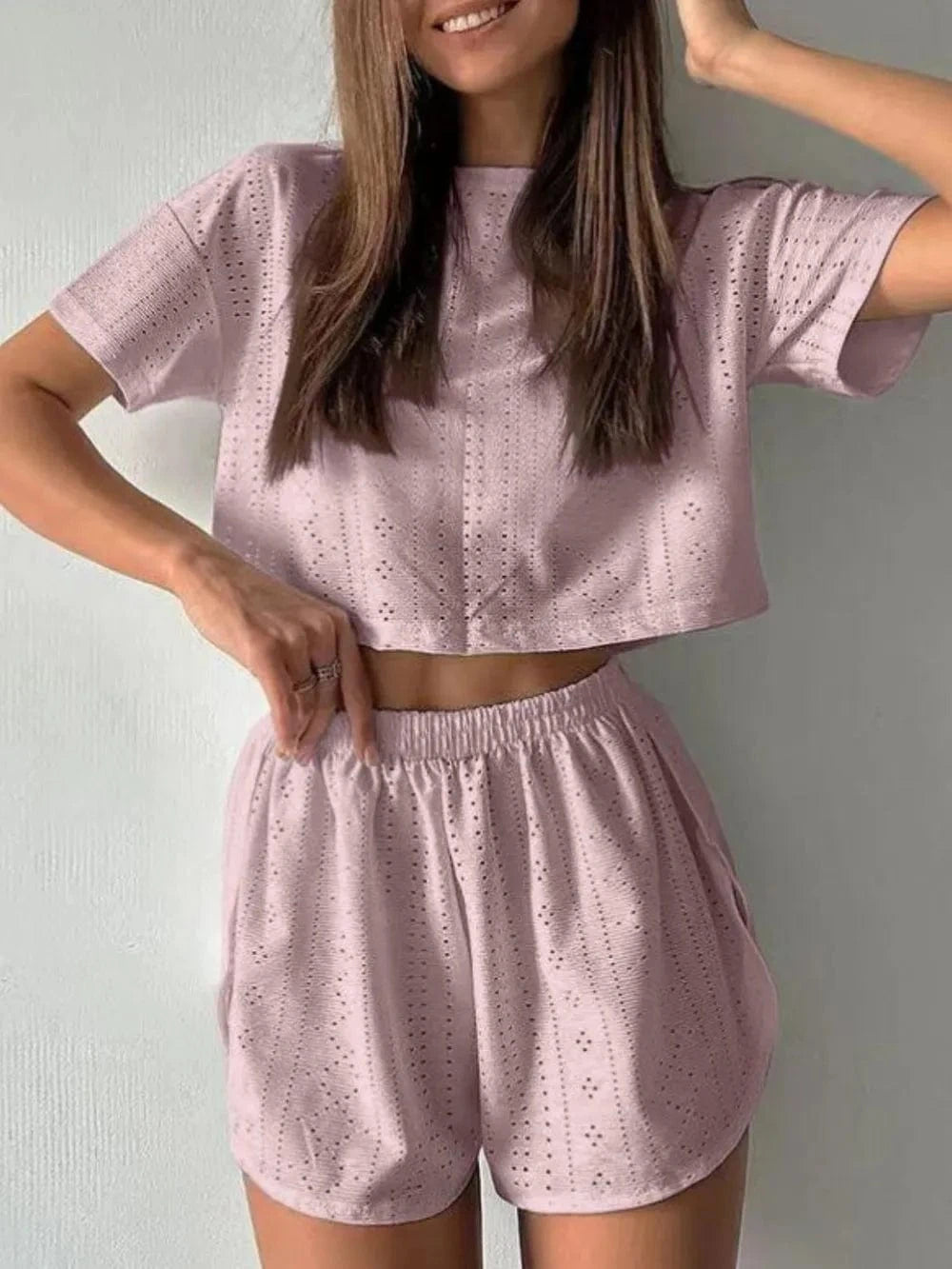 Eyelet Round Neck Top and Shorts Set - ShalayeFashion