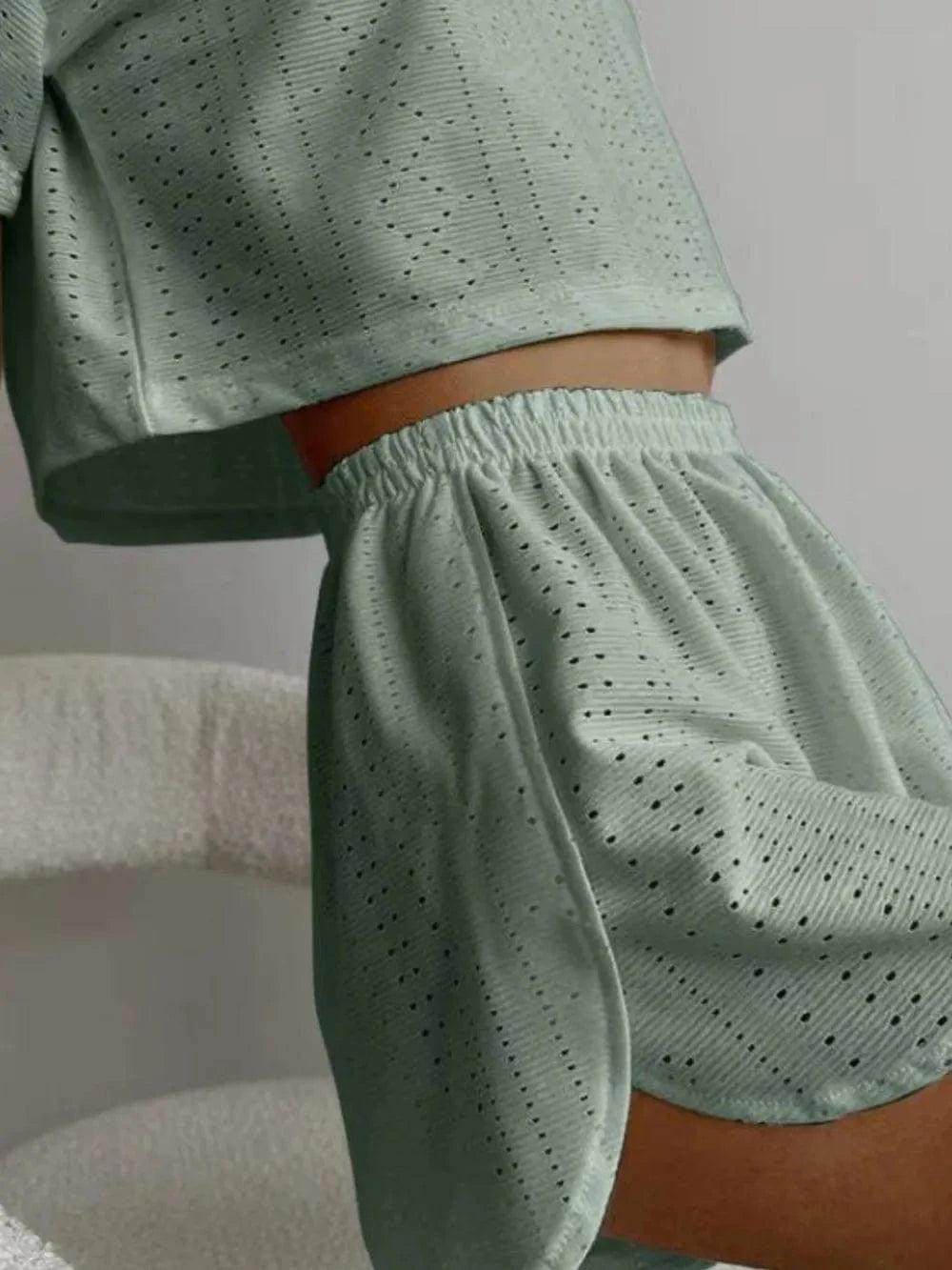 Eyelet Round Neck Top and Shorts Set - ShalayeFashion