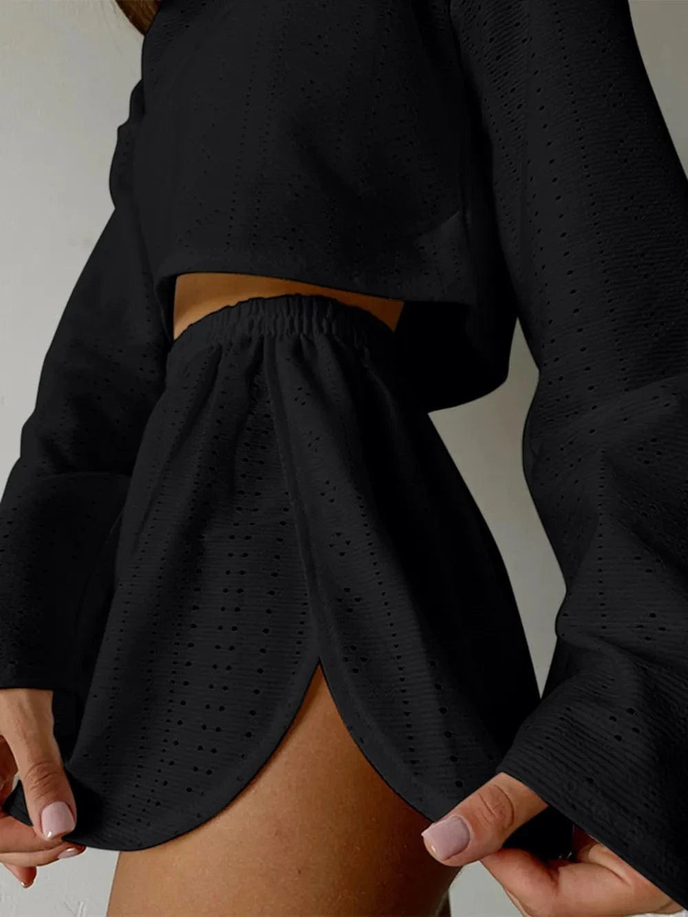Eyelet Round Neck Top and Shorts Set - ShalayeFashion