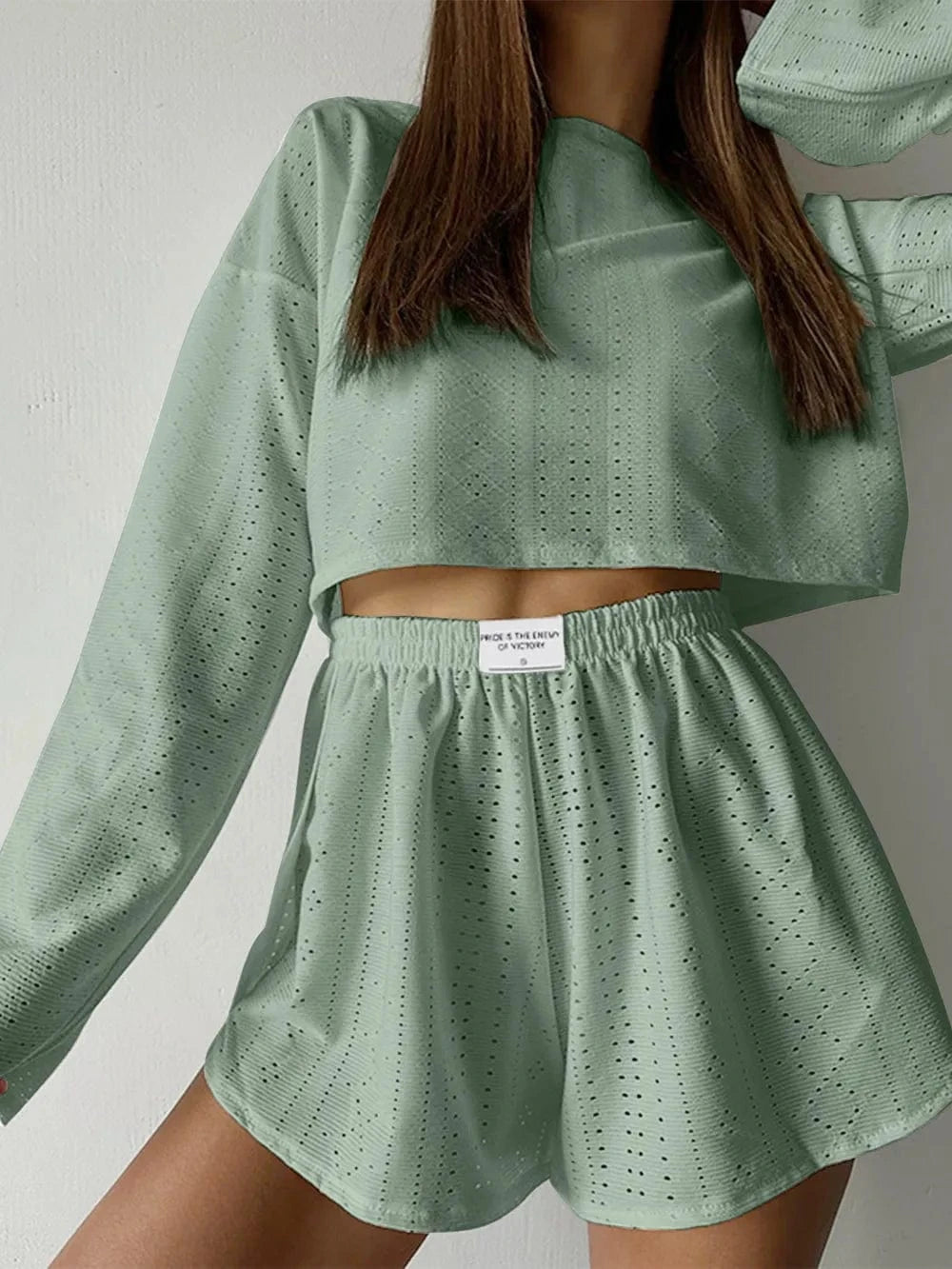 Eyelet Round Neck Top and Shorts Set - ShalayeFashion