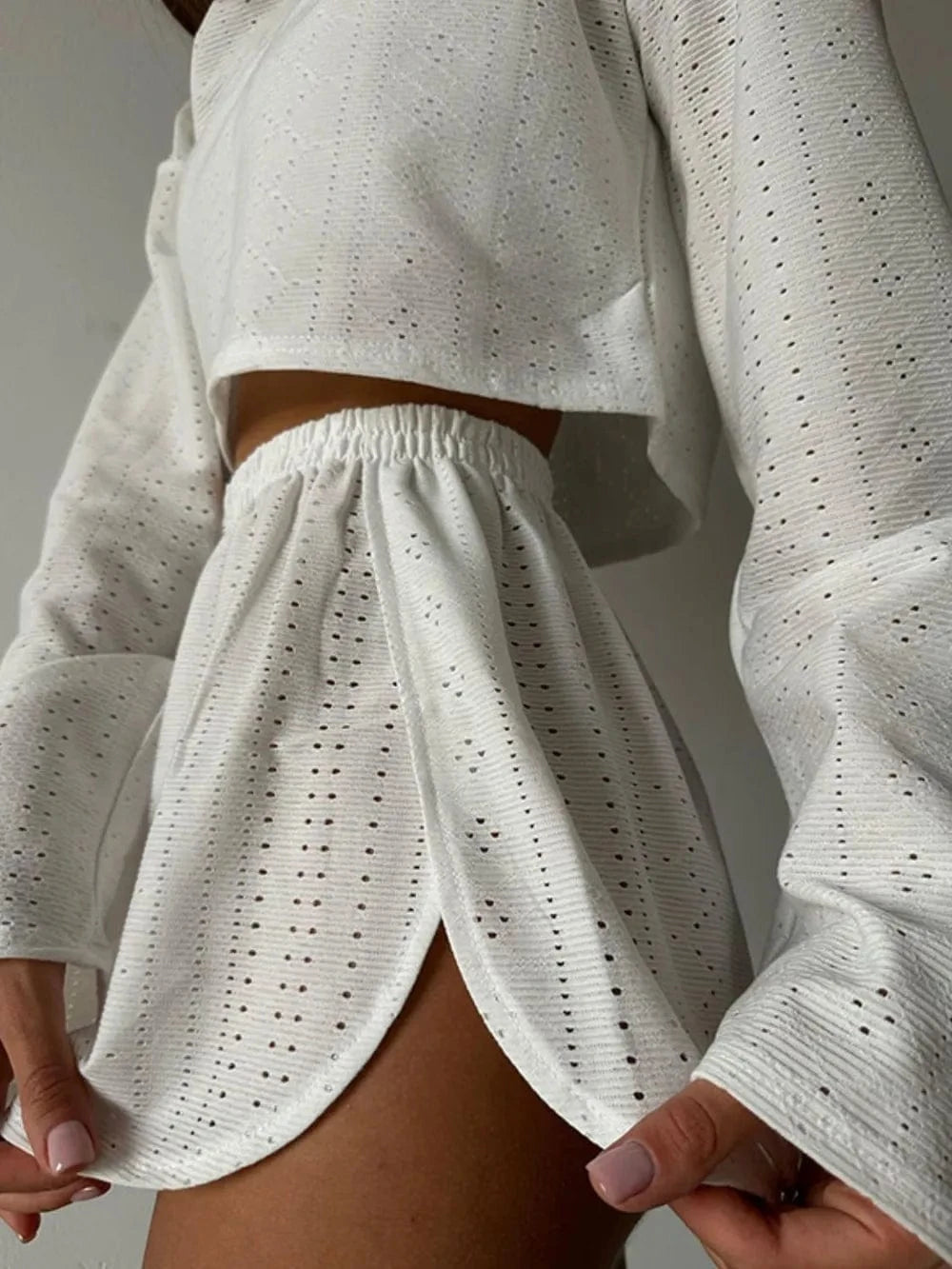 Eyelet Round Neck Top and Shorts Set - ShalayeFashion