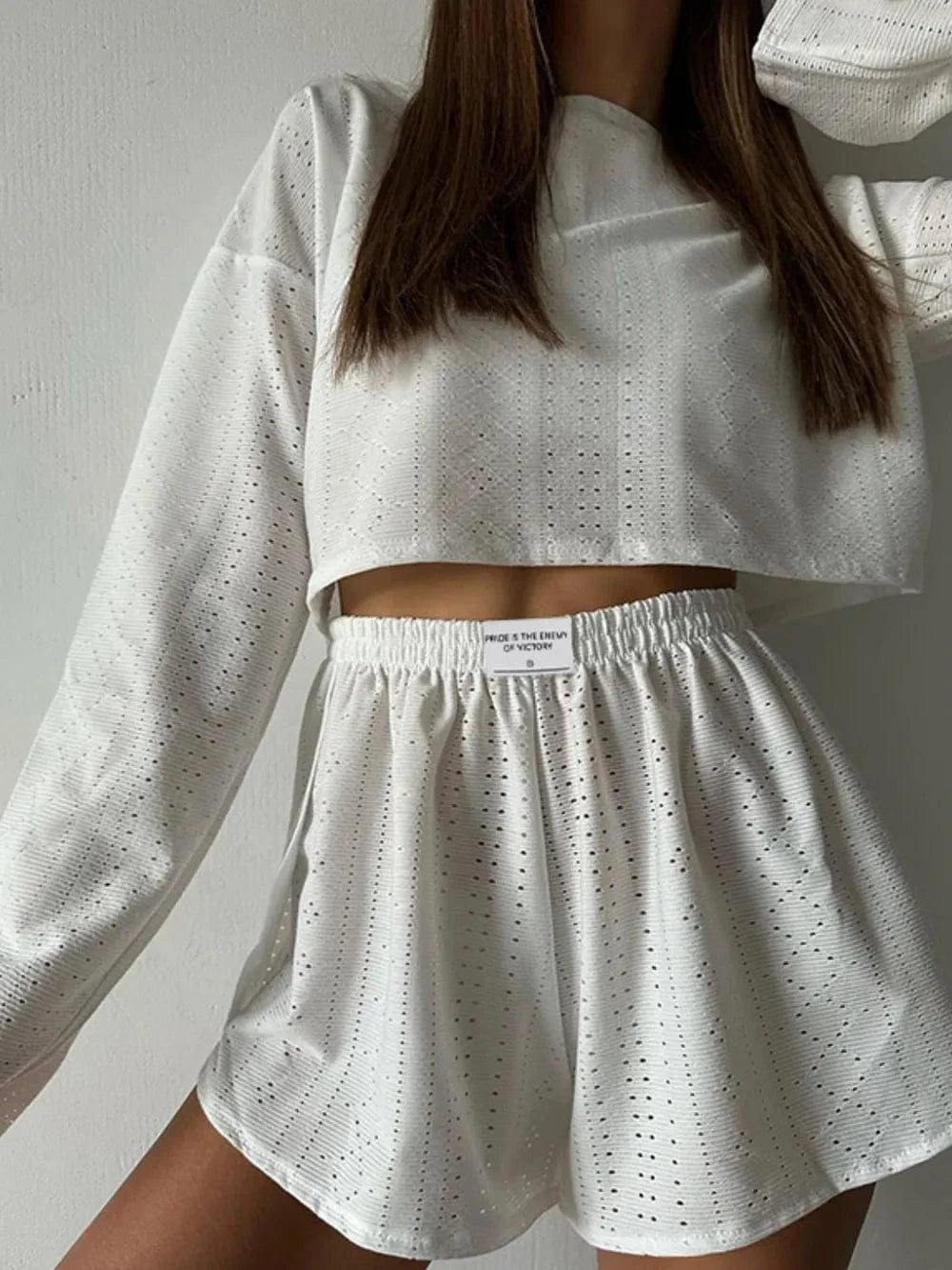 Eyelet Round Neck Top and Shorts Set - ShalayeFashion