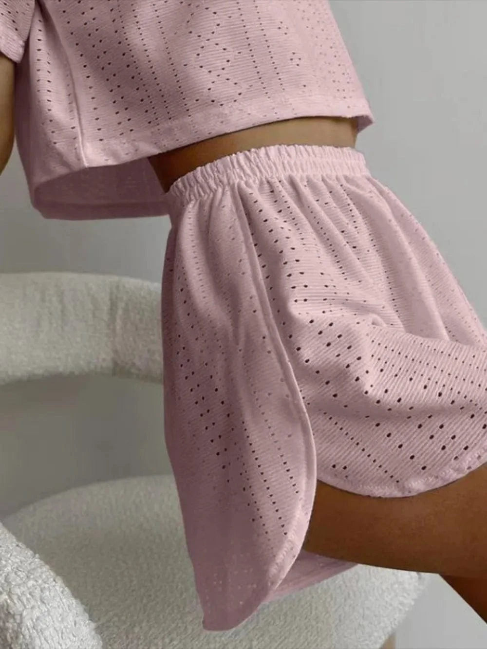 Eyelet Round Neck Top and Shorts Set - ShalayeFashion
