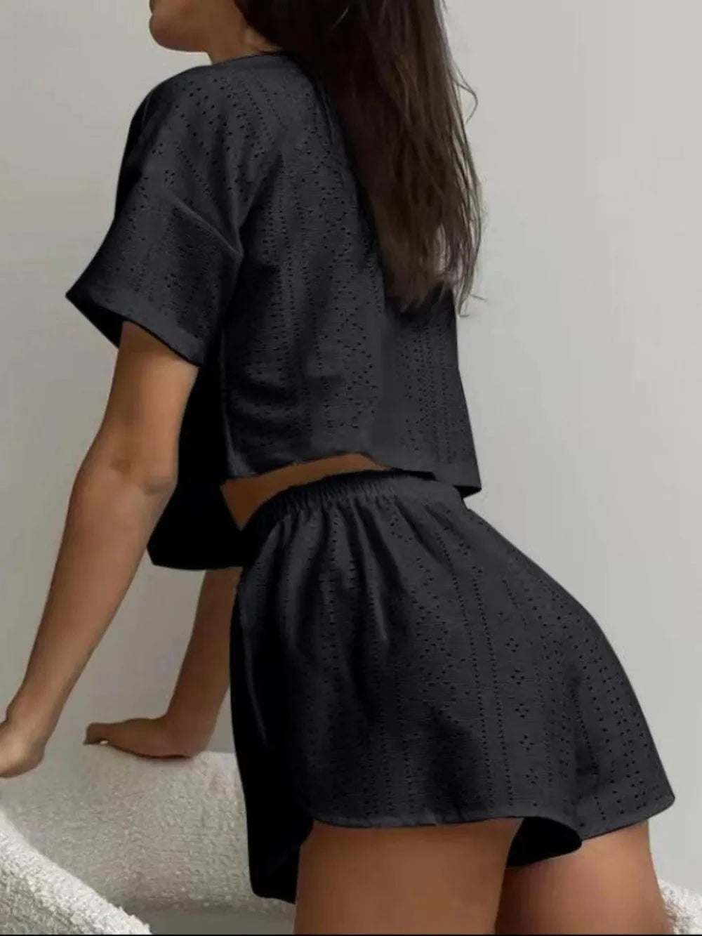 Eyelet Round Neck Top and Shorts Set - ShalayeFashion