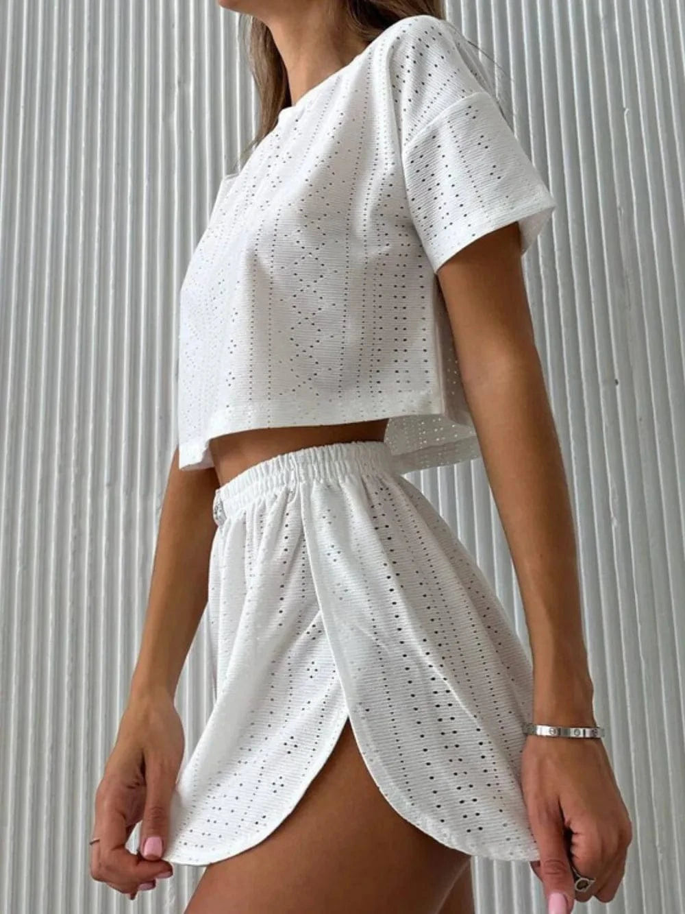 Eyelet Round Neck Top and Shorts Set - ShalayeFashion