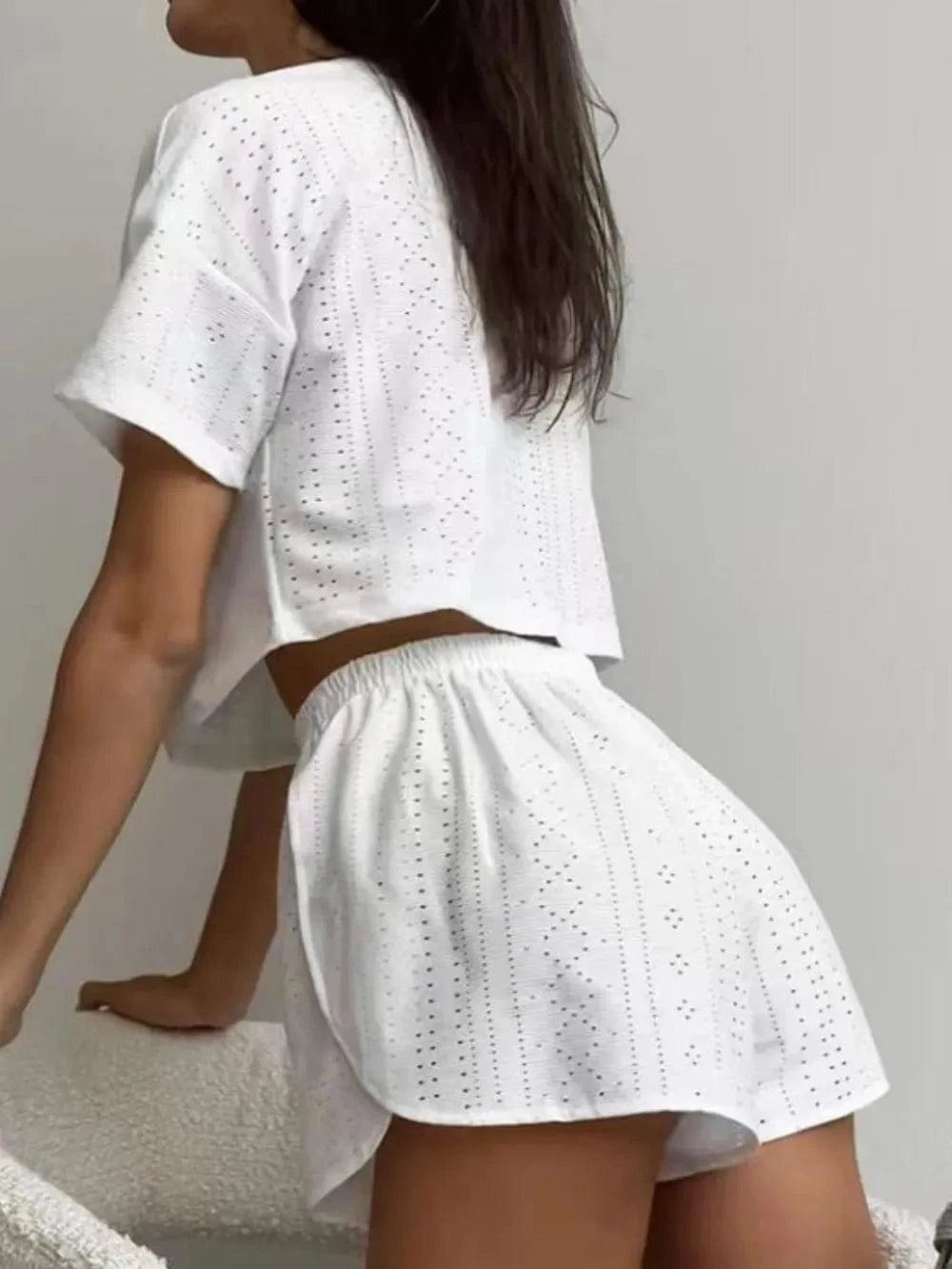 Eyelet Round Neck Top and Shorts Set - ShalayeFashion