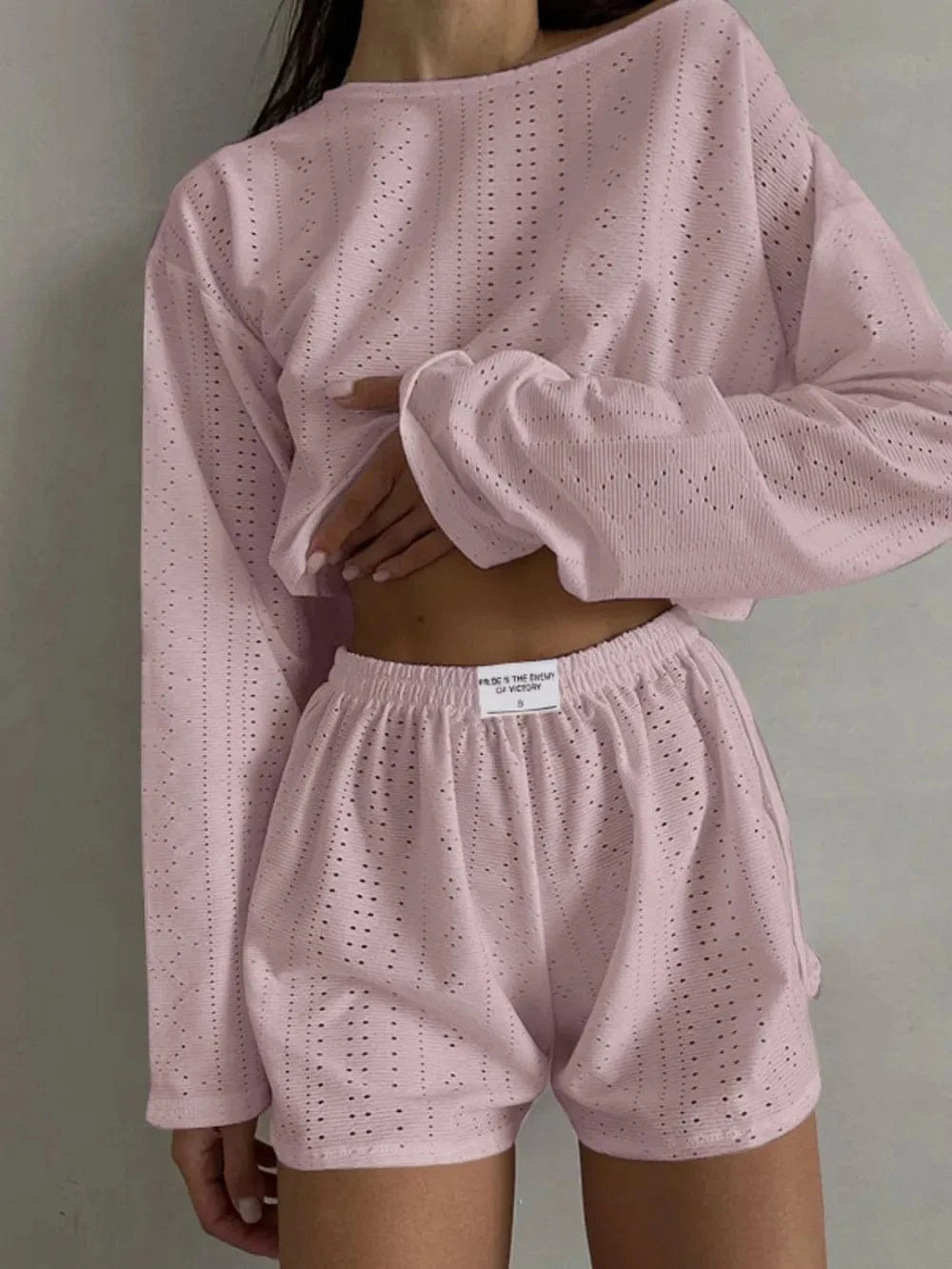Eyelet Round Neck Top and Shorts Set - ShalayeFashion