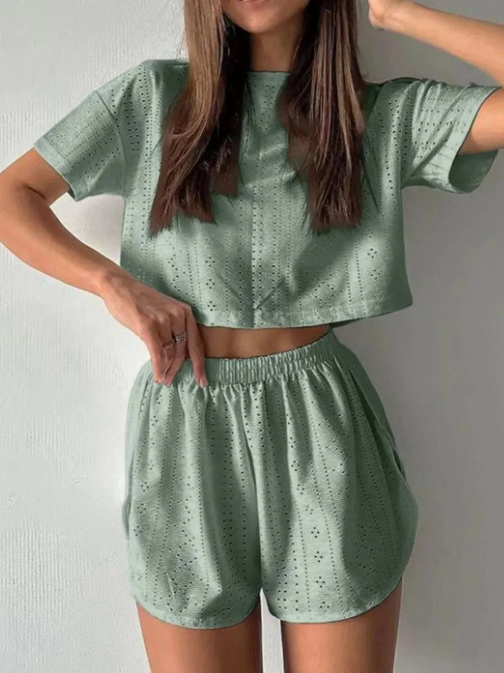 Eyelet Round Neck Top and Shorts Set - ShalayeFashion