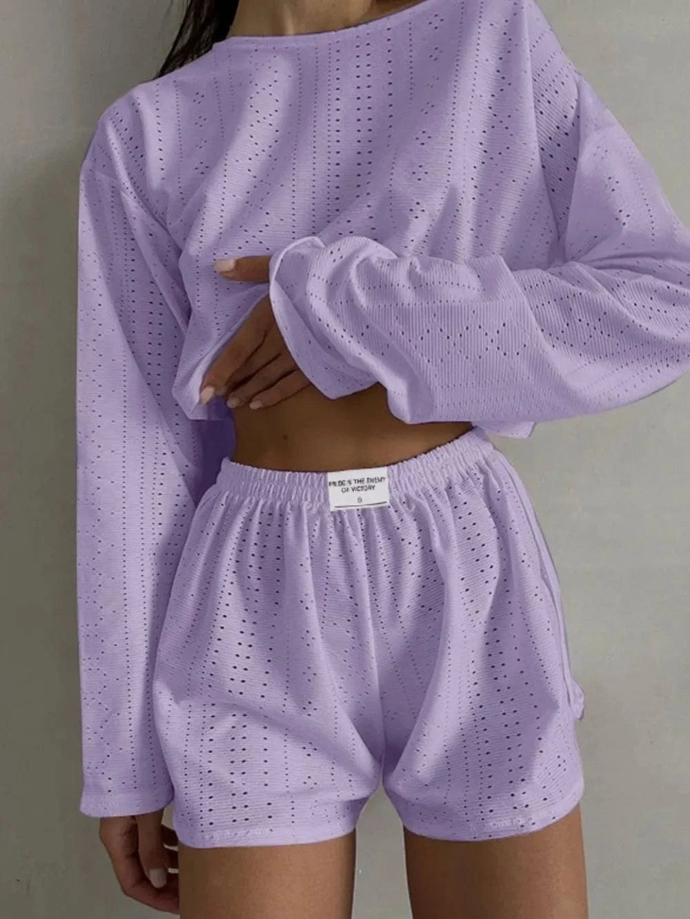 Eyelet Round Neck Top and Shorts Set - ShalayeFashion