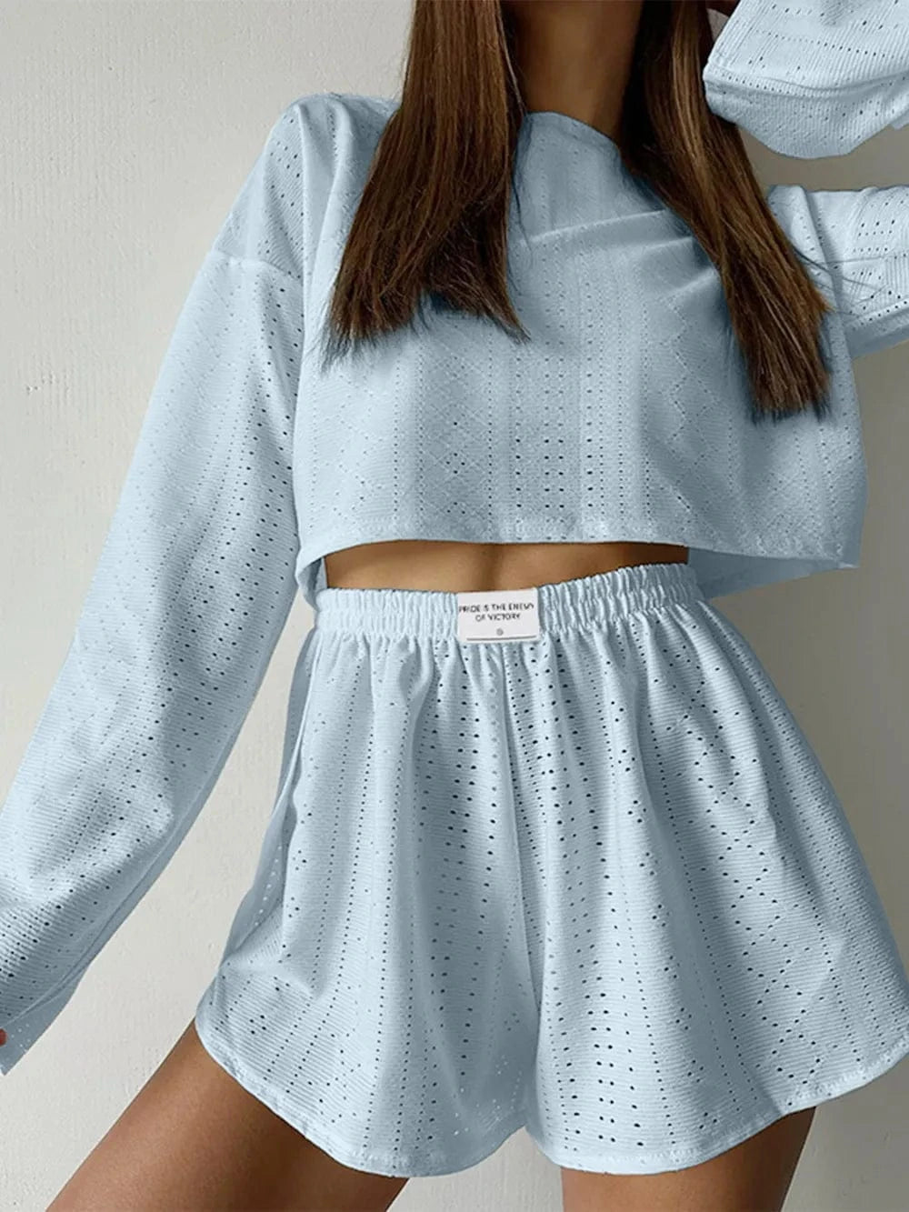Eyelet Round Neck Top and Shorts Set - ShalayeFashion