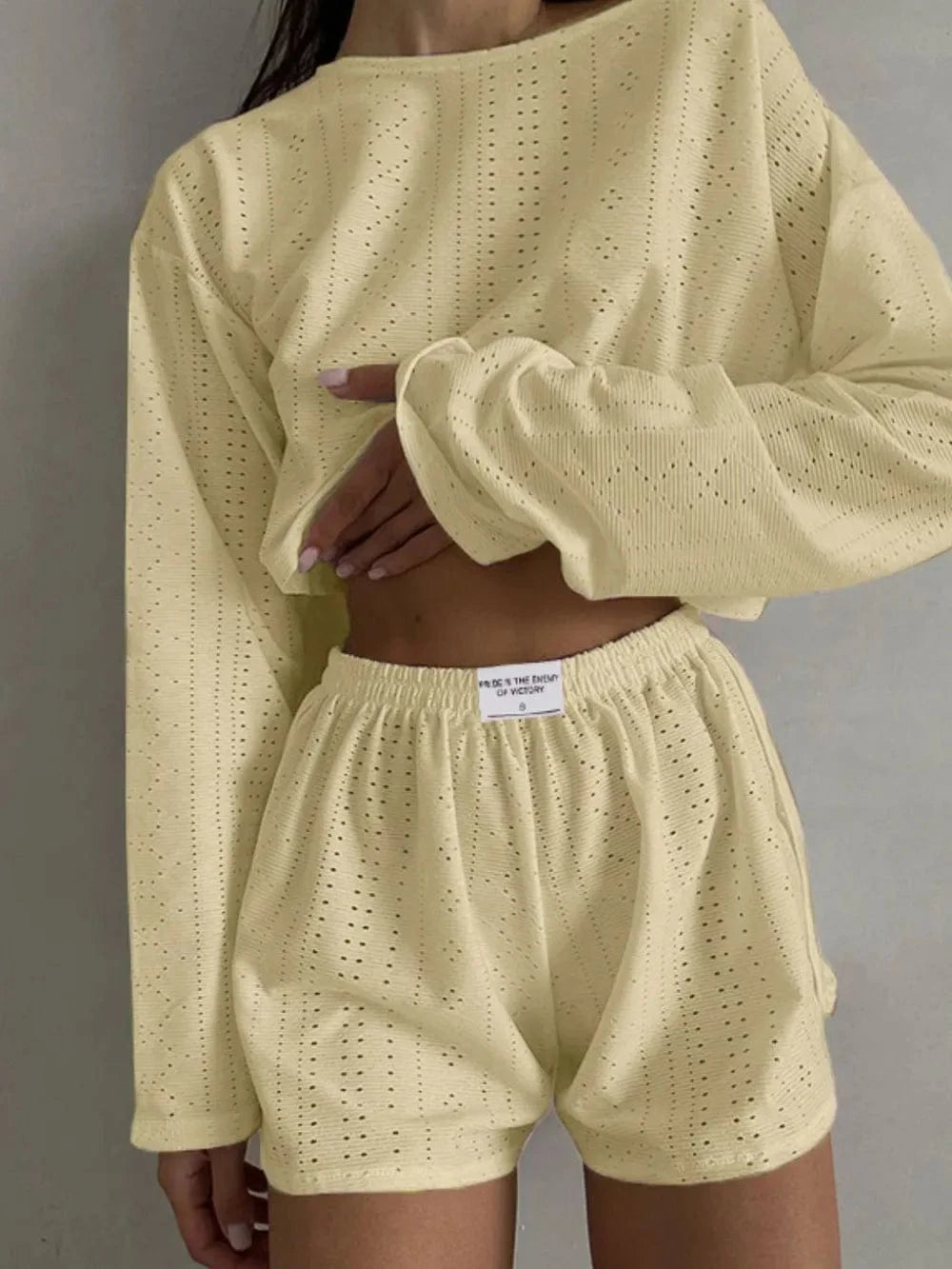 Eyelet Round Neck Top and Shorts Set - ShalayeFashion