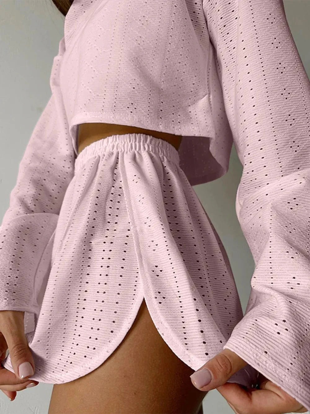 Eyelet Round Neck Top and Shorts Set - ShalayeFashion