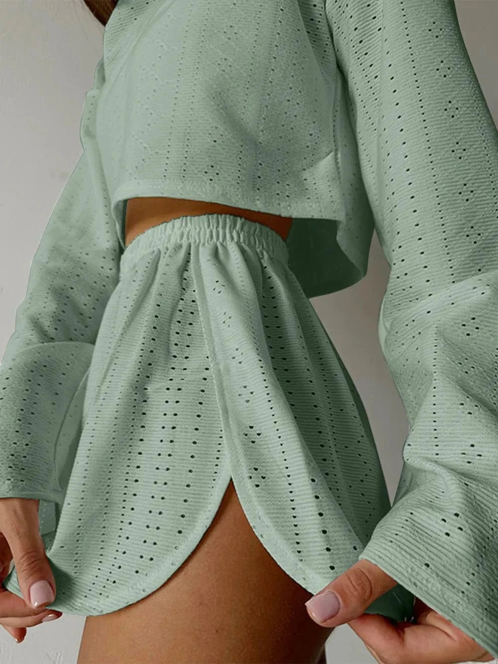 Eyelet Round Neck Top and Shorts Set - ShalayeFashion