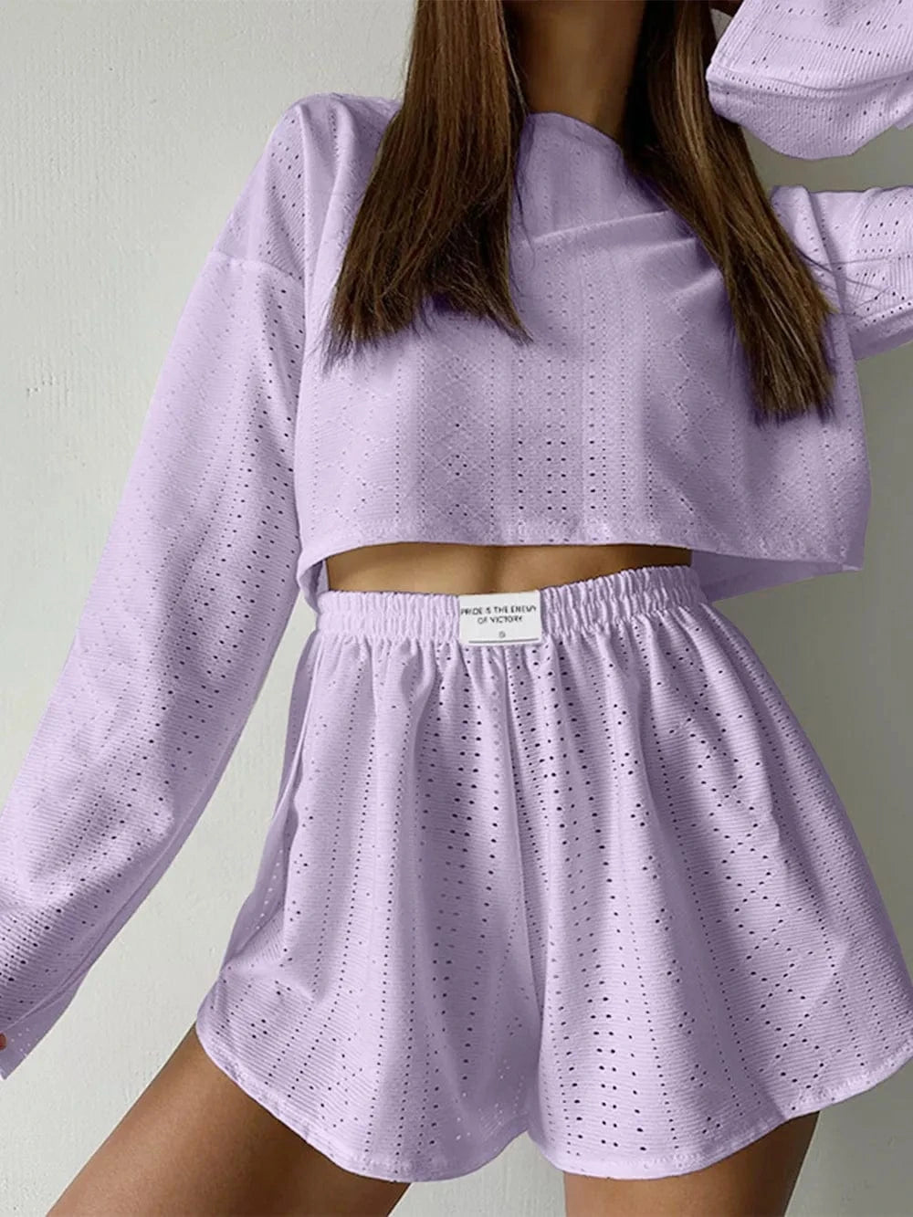 Eyelet Round Neck Top and Shorts Set - ShalayeFashion