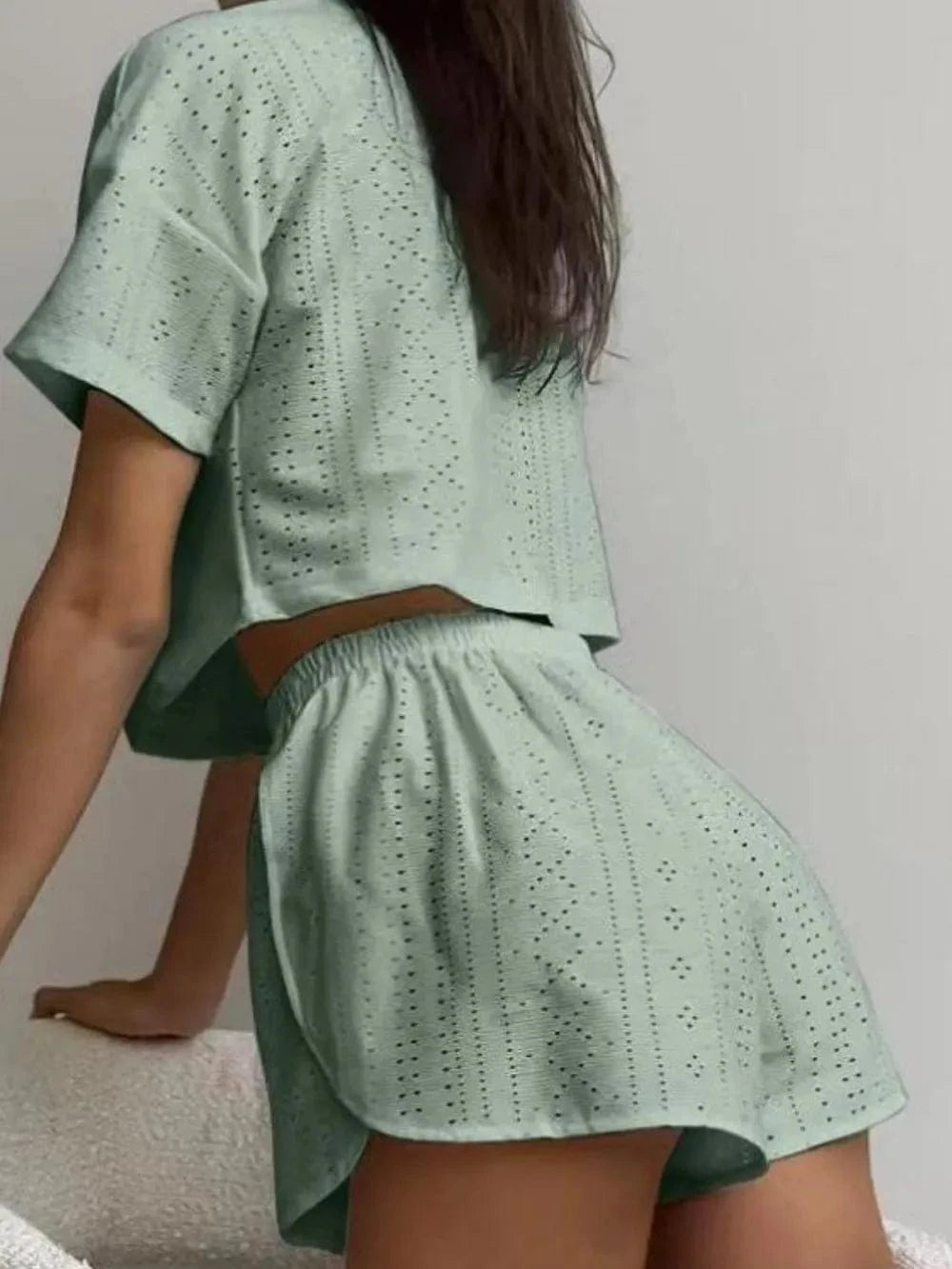 Eyelet Round Neck Top and Shorts Set - ShalayeFashion