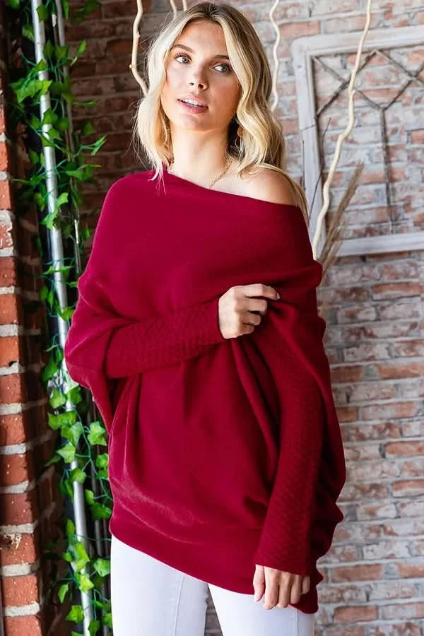 First Love Full Size Asymmetrical Hem Dolman Sleeve Sweater - ShalayeFashion