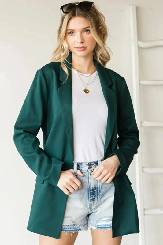 First Love Full Size Open Front Long Sleeve Blazer with Pockets - ShalayeFashion