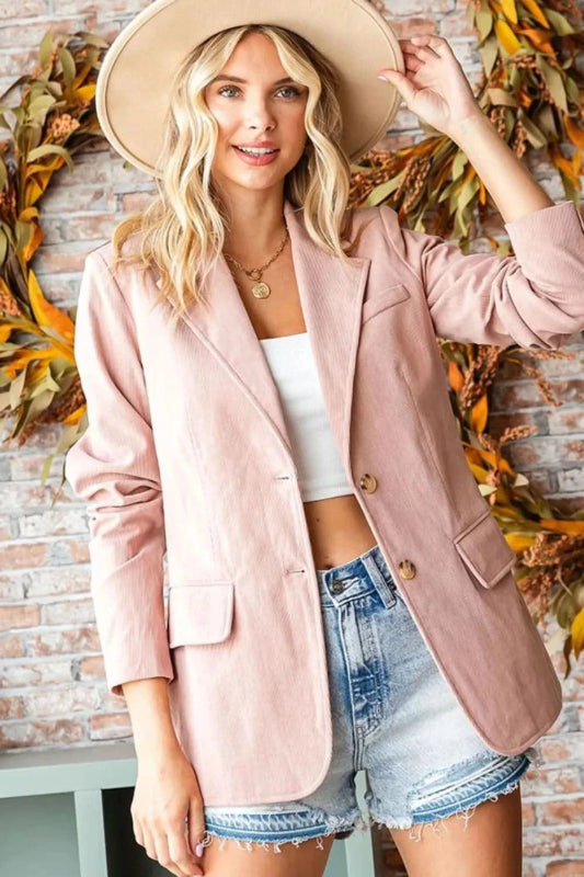 First Love Full Size Single - Breasted Flap Pocket Corduroy Blazer - ShalayeFashion