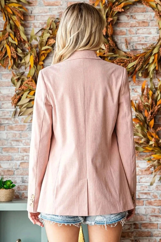 First Love Full Size Single - Breasted Flap Pocket Corduroy Blazer - ShalayeFashion