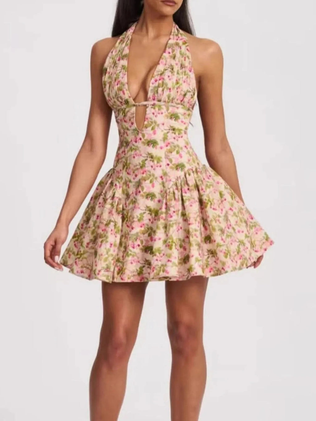 Floral Halter Neck Mini Dress - ShalayeFashion