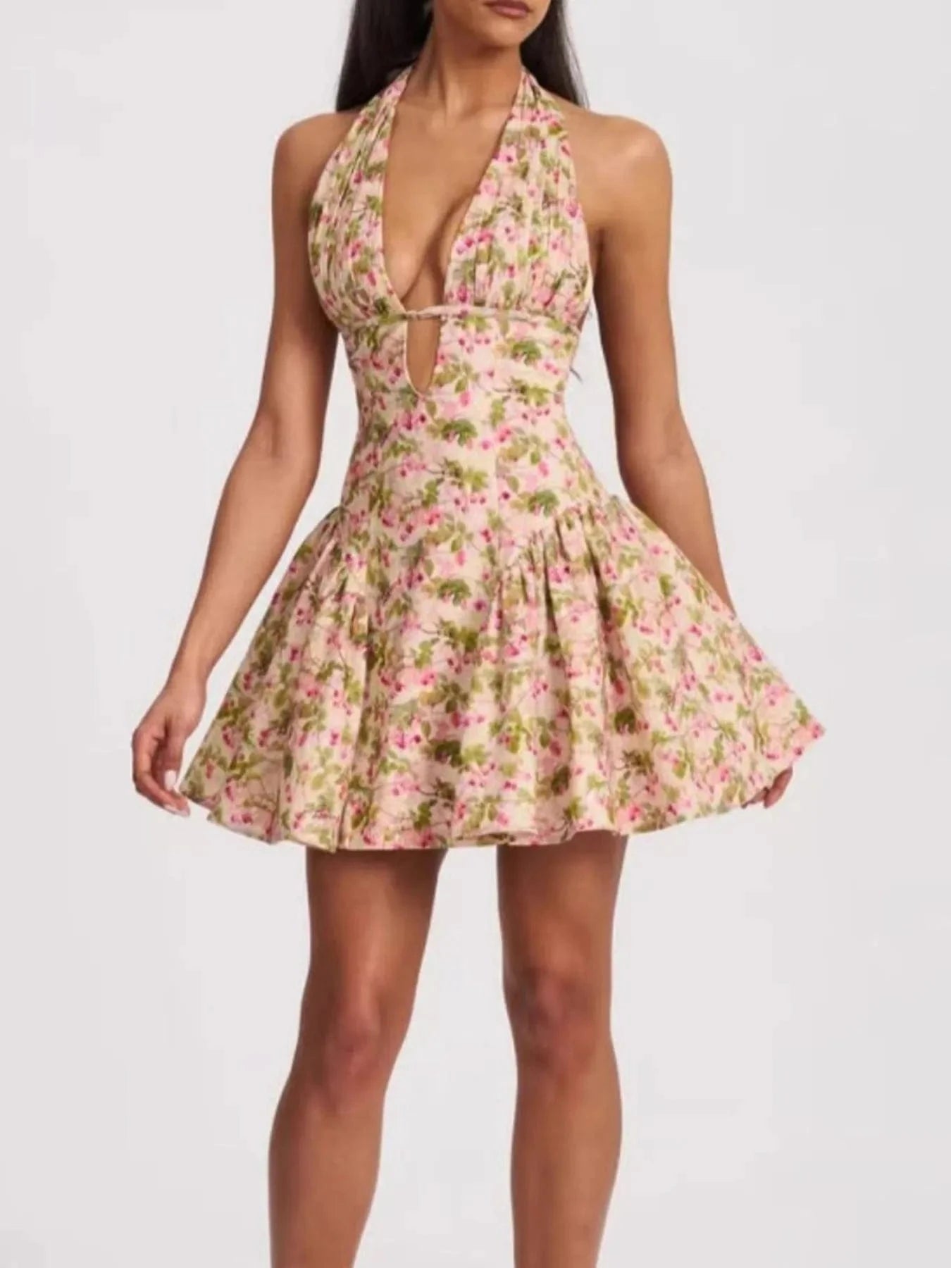 Floral Halter Neck Mini Dress - ShalayeFashion