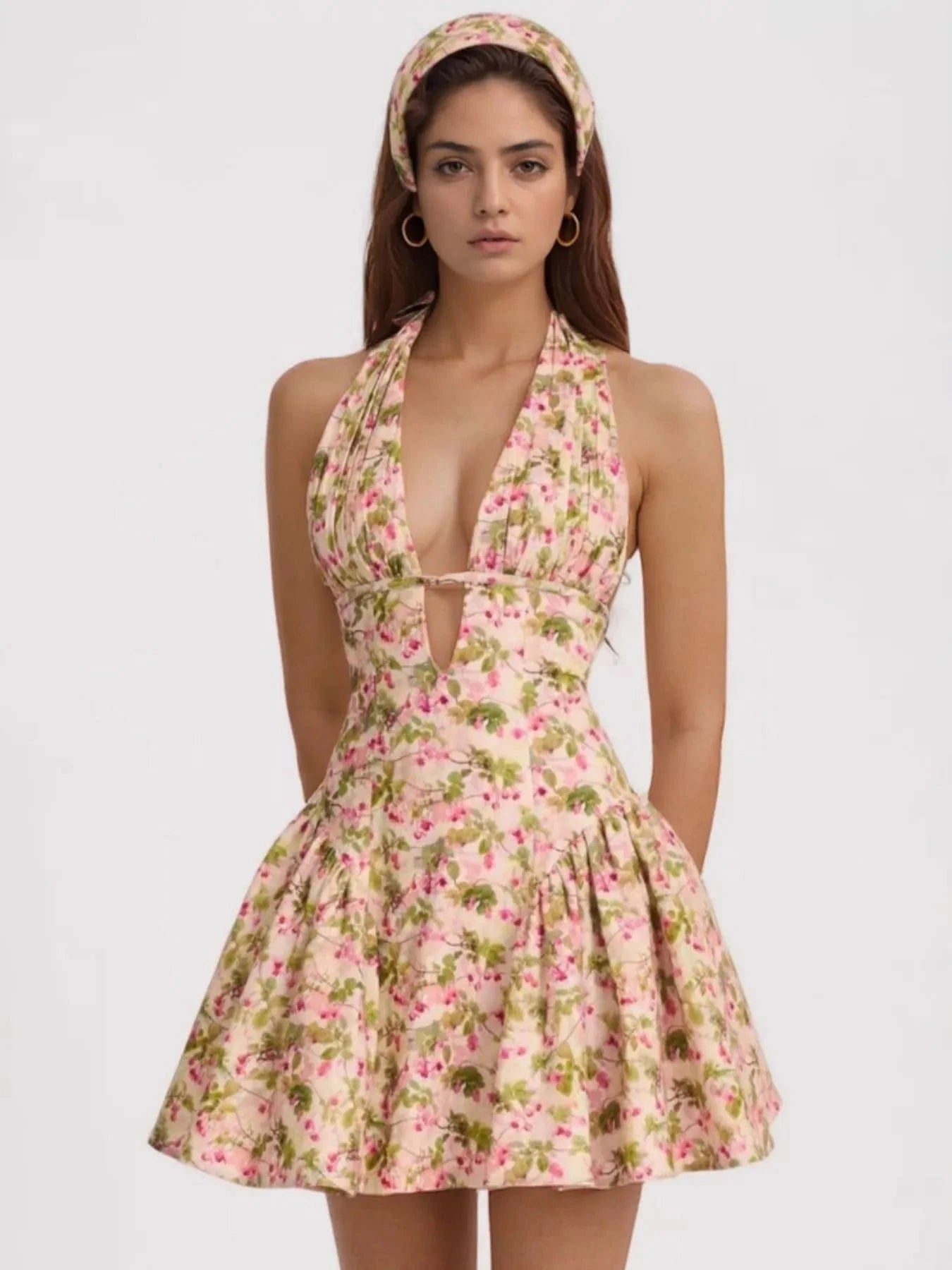 Floral Halter Neck Mini Dress - ShalayeFashion