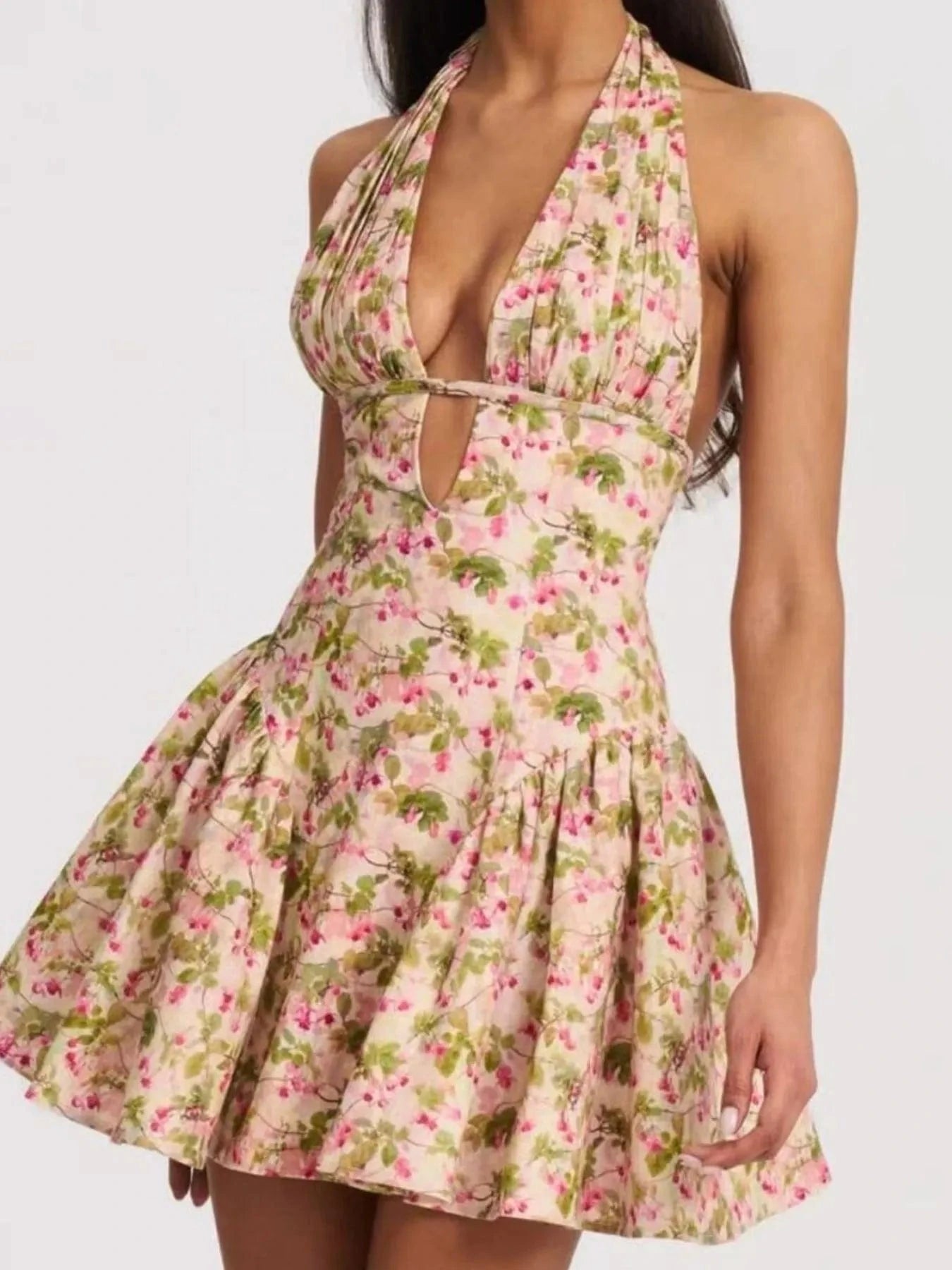 Floral Halter Neck Mini Dress - ShalayeFashion