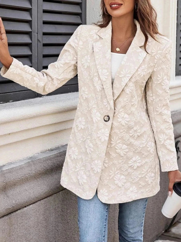 Floral Jacquard One Button Long Sleeve Blazer - ShalayeFashion