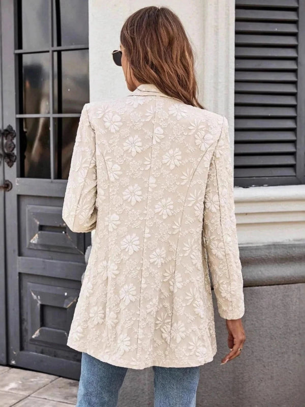 Floral Jacquard One Button Long Sleeve Blazer - ShalayeFashion