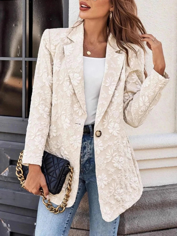 Floral Jacquard One Button Long Sleeve Blazer - ShalayeFashion
