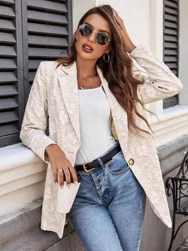 Floral Jacquard One Button Long Sleeve Blazer - ShalayeFashion