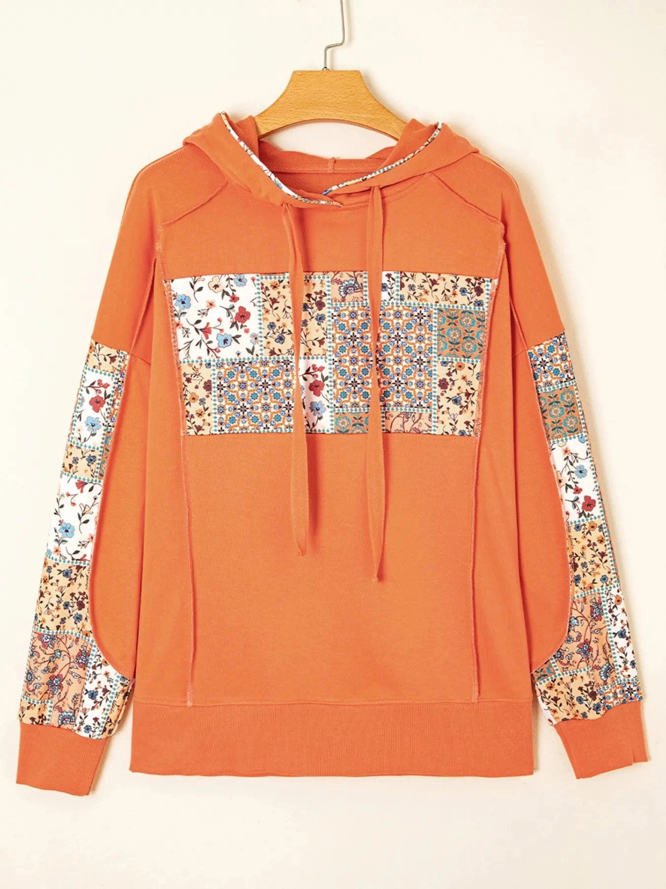 Floral Patchwork Hoodie with Drawstring - ShalayeFashion