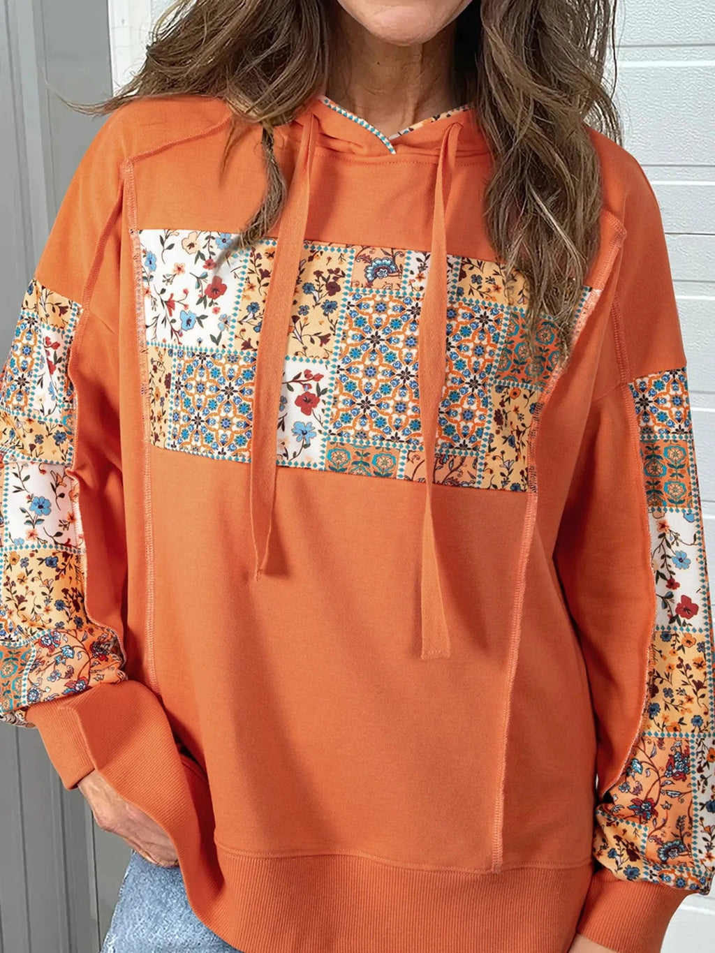 Floral Patchwork Hoodie with Drawstring - ShalayeFashion