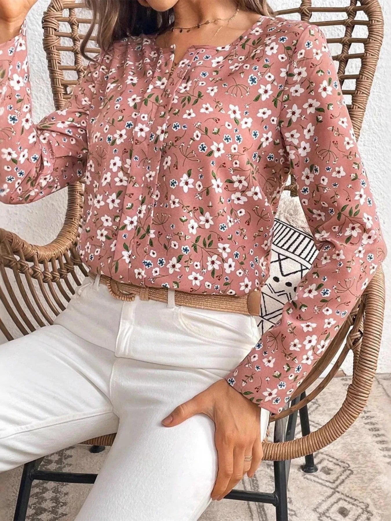 Floral Print Long Sleeve Blouse - ShalayeFashion