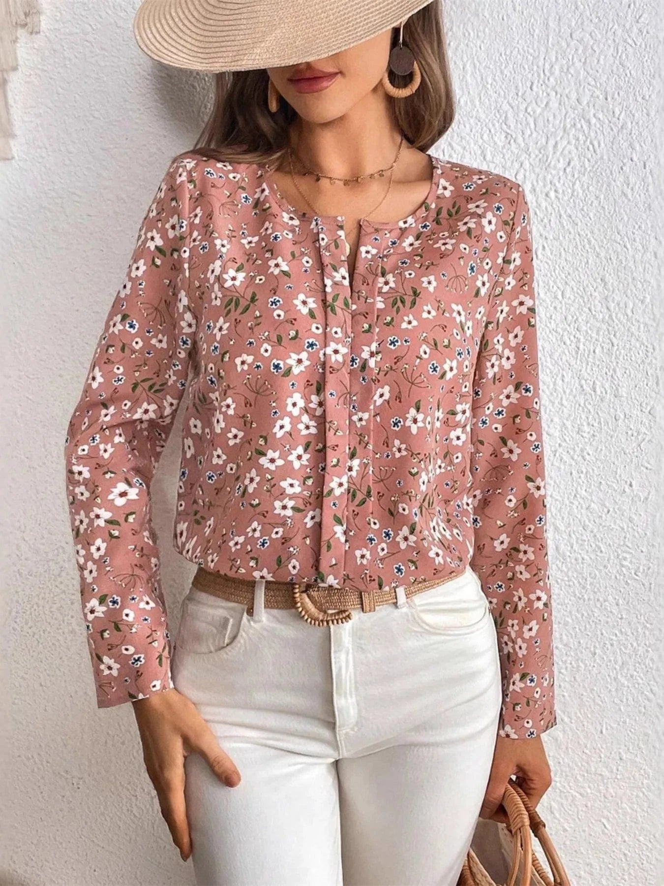 Floral Print Long Sleeve Blouse - ShalayeFashion