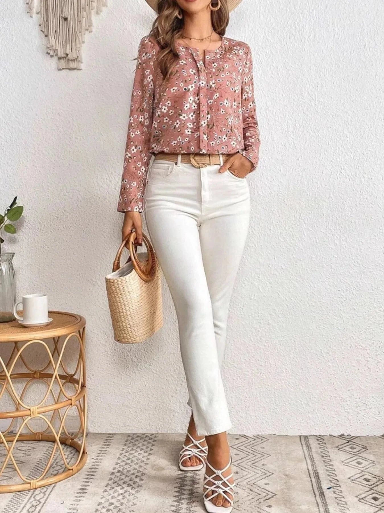 Floral Print Long Sleeve Blouse - ShalayeFashion