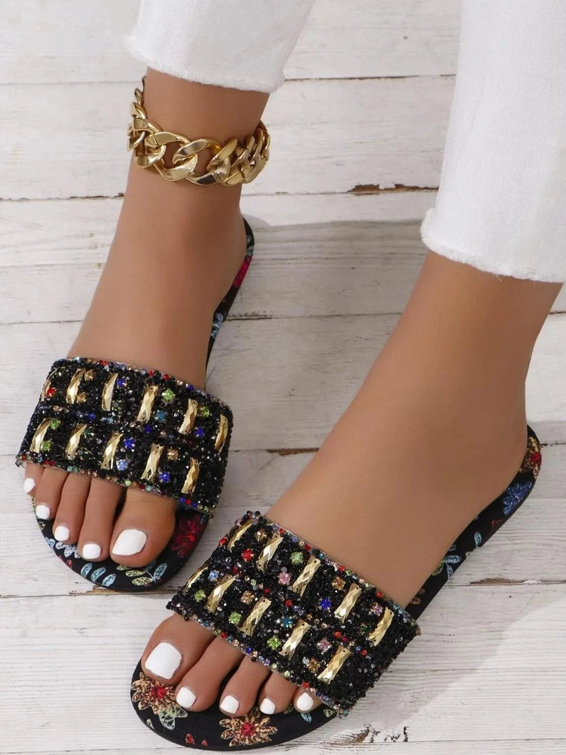 Floral Print Rhinestone Decorated Sandals - ShalayeFashion