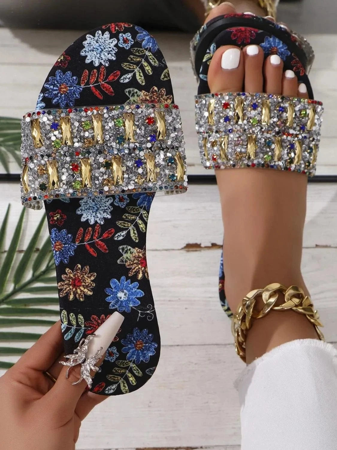 Floral Print Rhinestone Decorated Sandals - ShalayeFashion