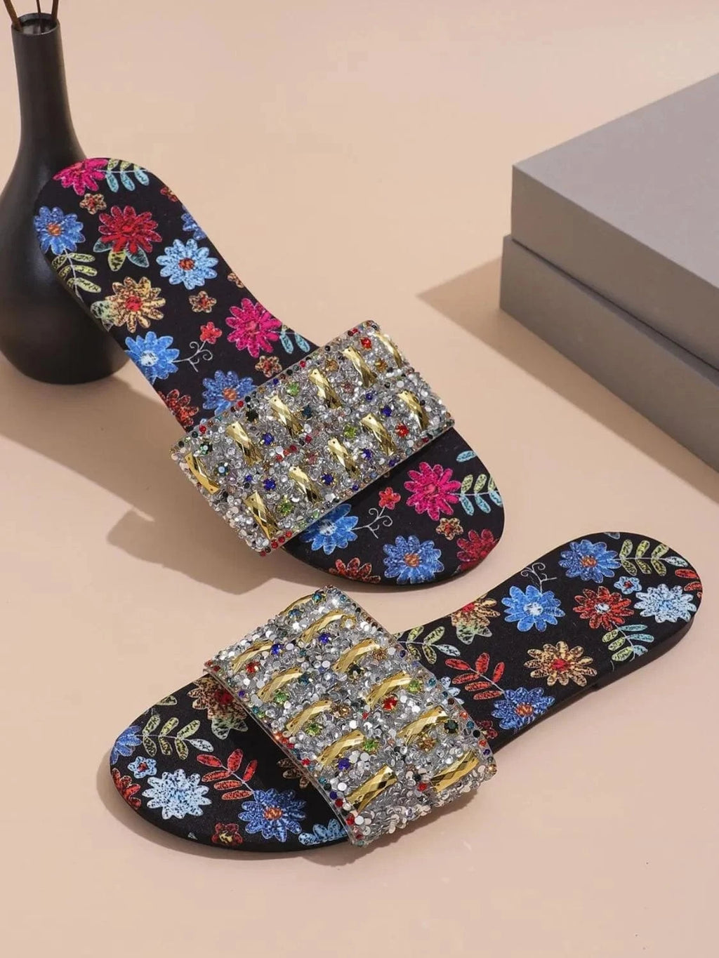 Floral Print Rhinestone Decorated Sandals - ShalayeFashion