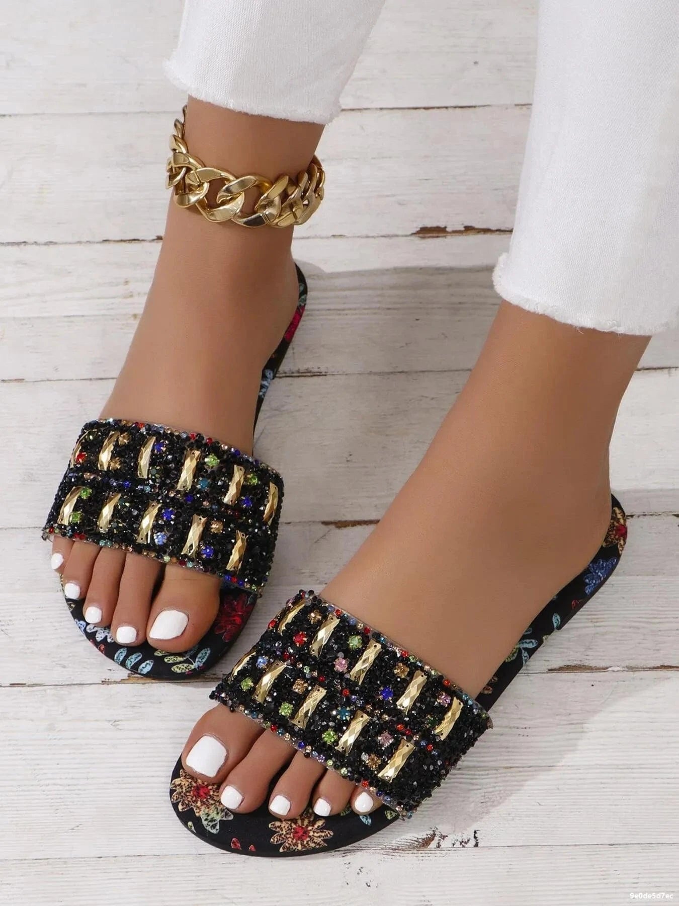 Floral Print Rhinestone Decorated Sandals - ShalayeFashion