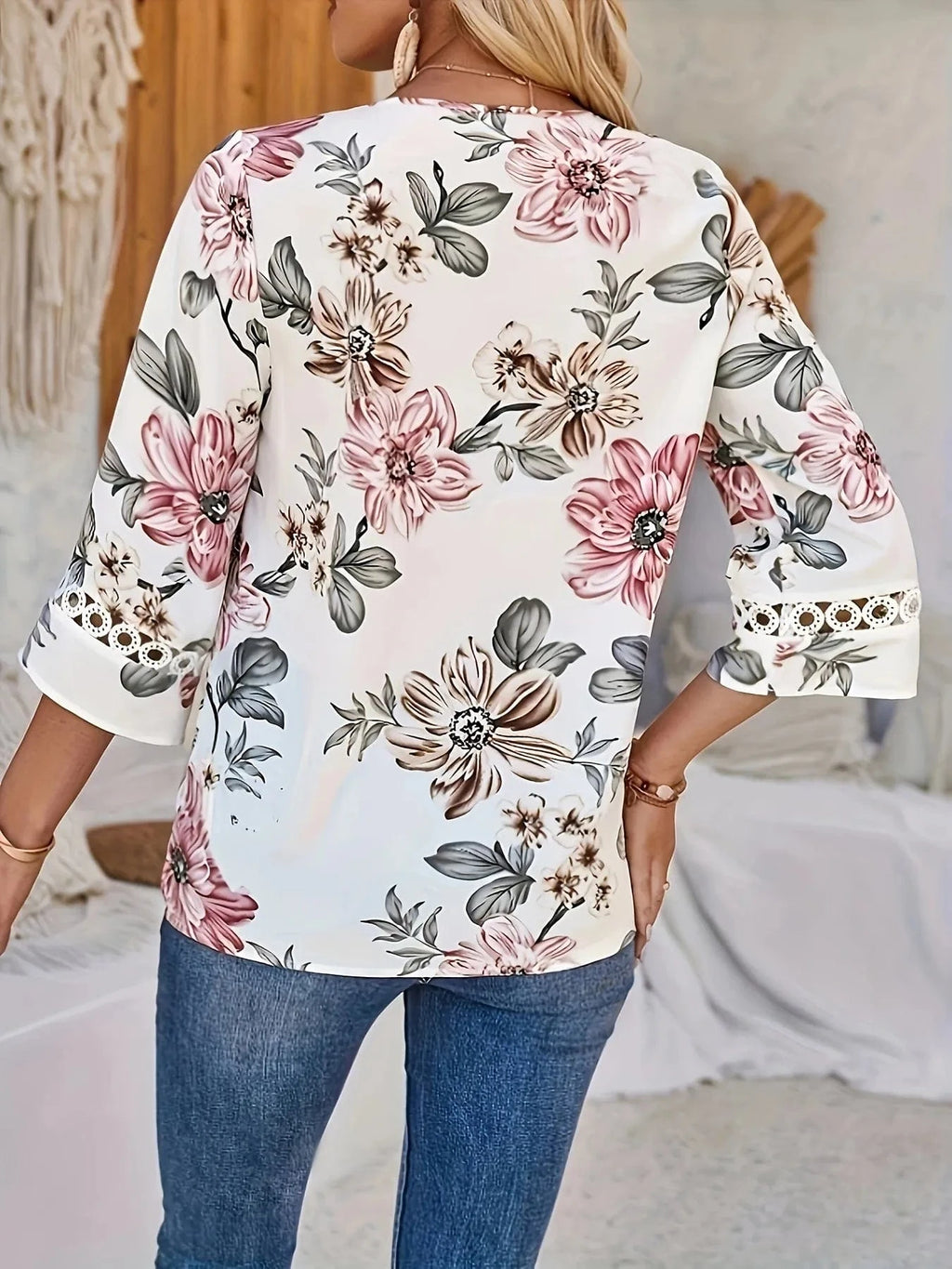 Floral Print V - Neck Blouse - ShalayeFashion