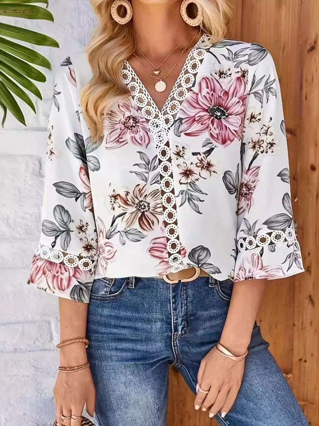 Floral Print V - Neck Blouse - ShalayeFashion