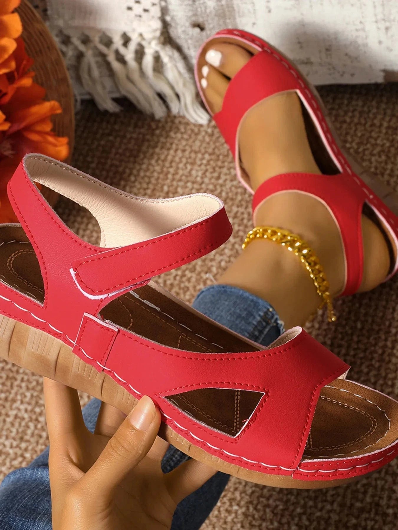 Floral Print Velcro Strap Wedge Sandals - ShalayeFashion