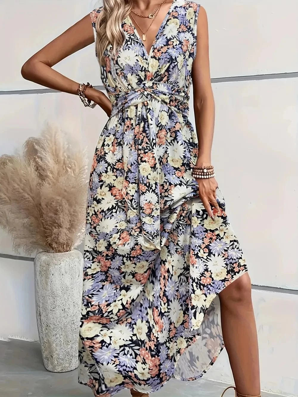 Floral Sleeveless Midi Dress - ShalayeFashion