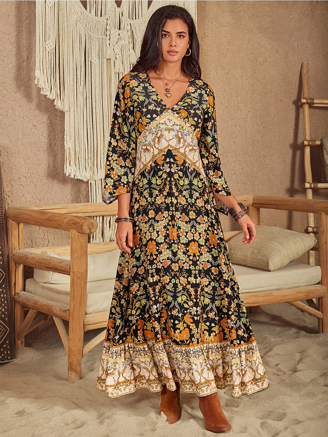 Floral V - Neck Midi Dress - ShalayeFashion