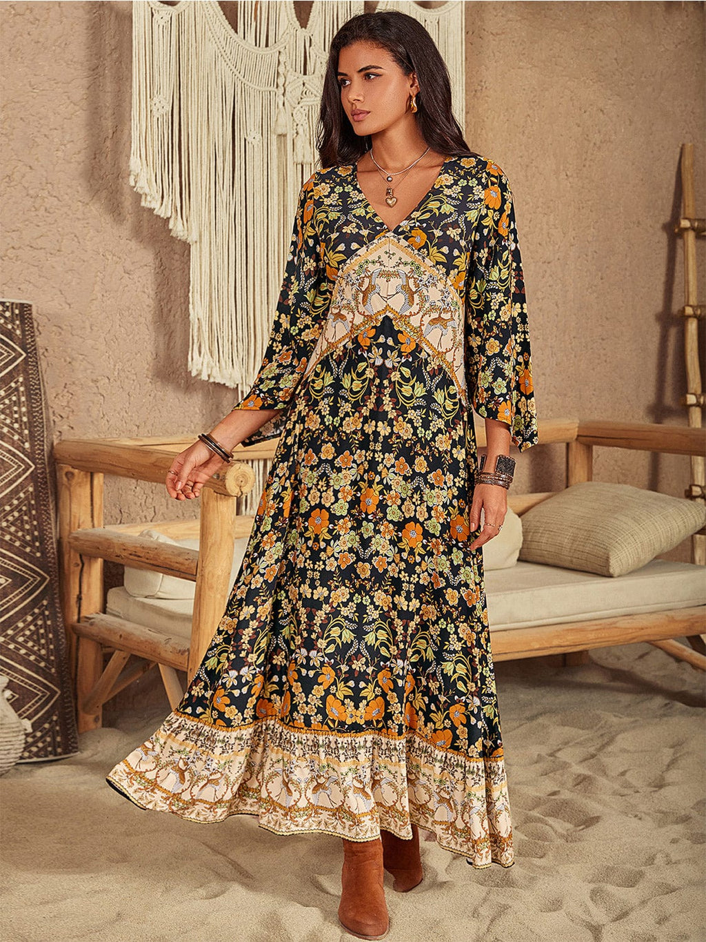 Floral V - Neck Midi Dress - ShalayeFashion